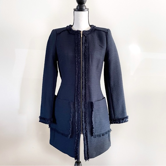 NWT H&M Navy Tweed Coat Jacket Size XS – Long Fringe Trim Zip Front Blazer - Picture 1 of 10